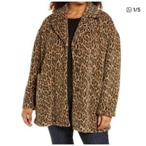 Avec Les Filles Anthropologie Faux Fur Leopard Print swing Coat Button Front 2X
